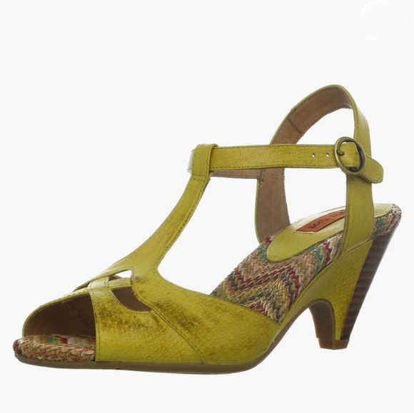 Miz Mooz Shoes - Miz Mooz Waltz Retro 1940's Antiqued Yellow Peep Toe Ankle Strap Sandals